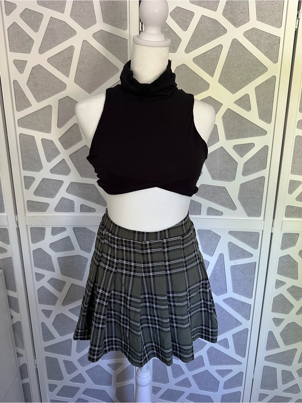 Plaid Pleated High Waisted Skirt in Olive Green